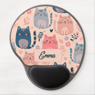 Cute Cats and Floral Pattern Custom Monogram Kids Gel Mouse Pad