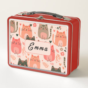 Cute Cats and Floral Pattern Custom Monogram Kids Metal Lunch Box