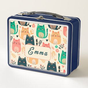 Cute Cats and Floral Pattern Custom Monogram Kids Metal Lunch Box