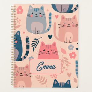 Cute Cats and Floral Pattern Custom Monogram Kids Planner
