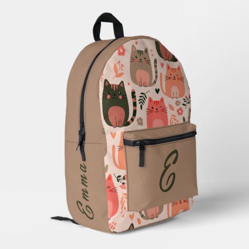 Cute Cats and Floral Pattern Custom Monogram Kids Printed Backpack