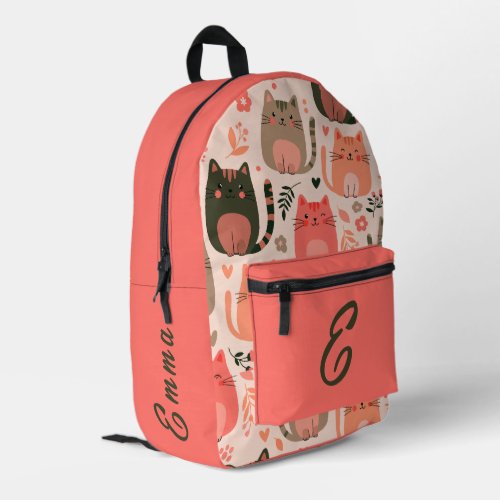 Cute Cats and Floral Pattern Custom Monogram Kids Printed Backpack