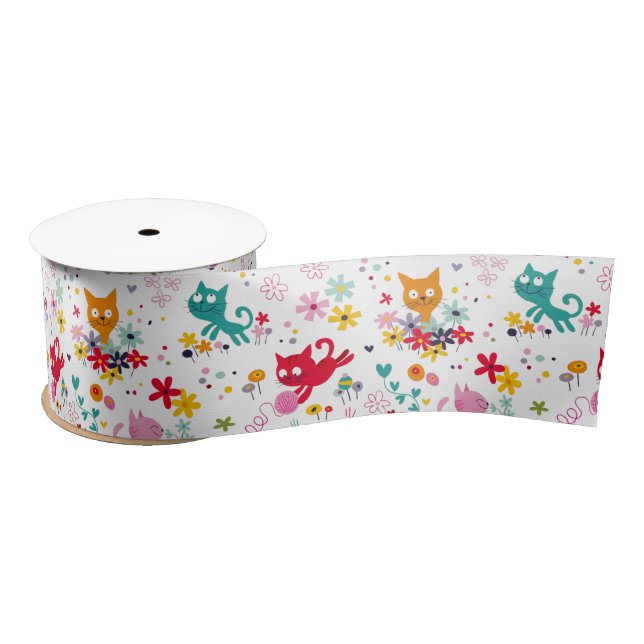 Cute Cats and Flower Fun  Satin Ribbon (Spool)