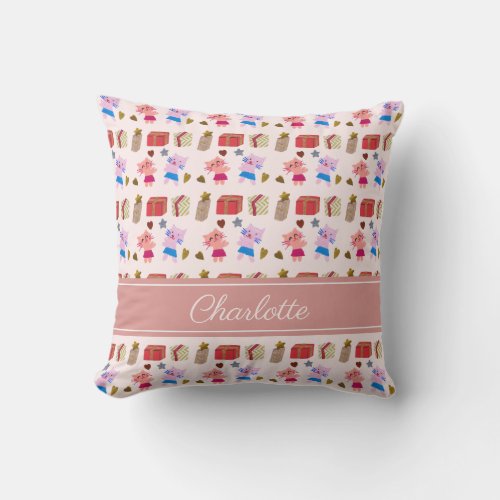Cute cats and gifts pattern  Kids Name  Pink Throw Pillow