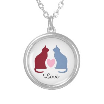 Cute Cats And Heart Love Silver Plated Necklace by DippyDoodle at Zazzle