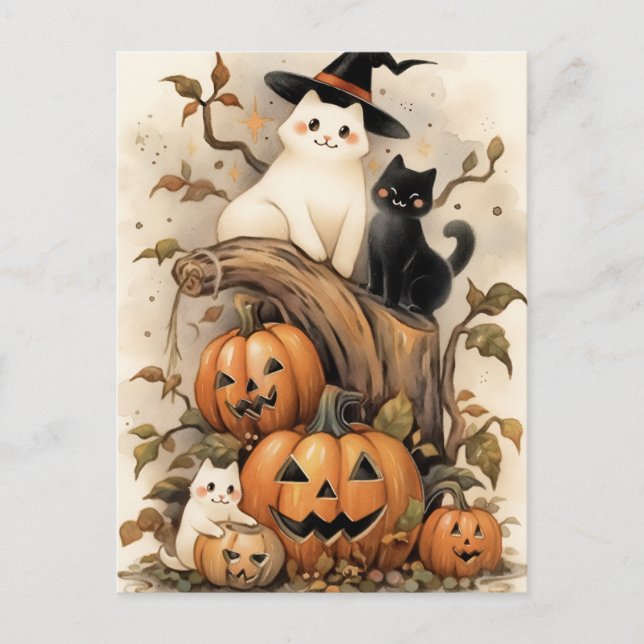 Cute Cats and Kittens on Halloween Pumpkins Postcard (Front)