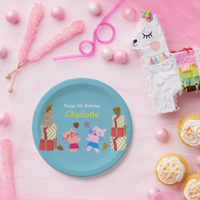 Cute Cats and Presents Blue Kids Birthday Party Paper Plates (Party)