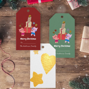 Cute cats and presents heart moss green Christmas Foil Gift Tags