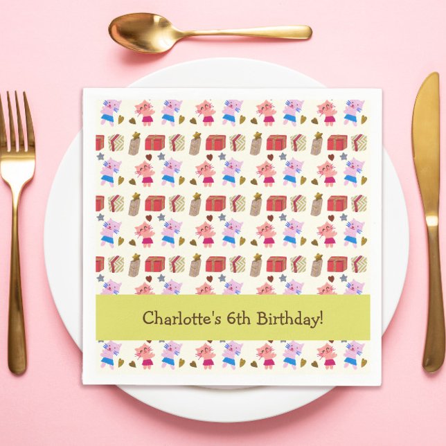 Cute Cats and Presents | Yellow Kids Birthday Napkins (Creator Uploaded)