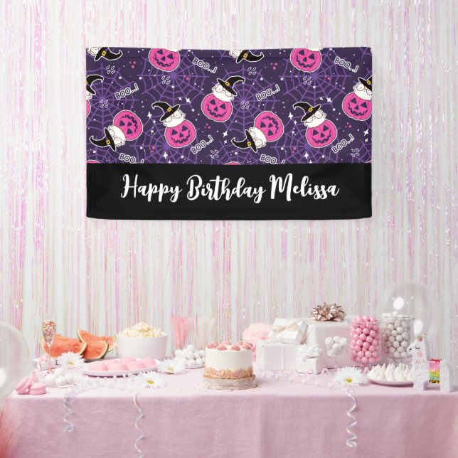 Cute Cats and Pumpkins Halloween Pattern Birthday Banner (Party)