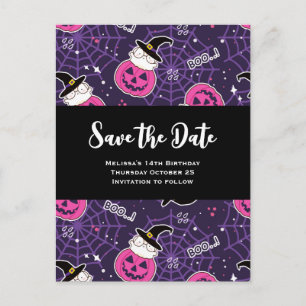 Cute Cats and Pumpkins Halloween Pattern Birthday Invitation Postcard