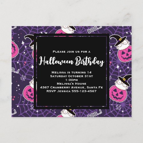 Cute Cats and Pumpkins Halloween Pattern Birthday Postcard