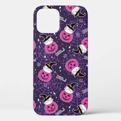 Cute Cats and Pumpkins Halloween Pattern iPhone 12 Case