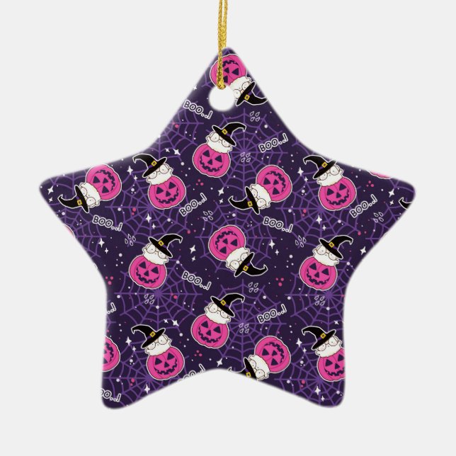 Cute Cats and Pumpkins Halloween Pattern Ceramic Ornament (Front)