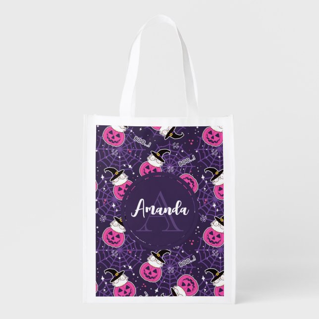 Cute Cats and Pumpkins Halloween Pattern Grocery Bag (Front)