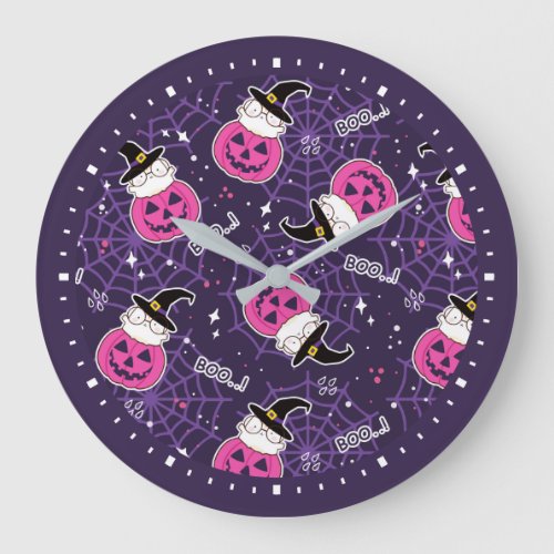 Cute Cats and Pumpkins Halloween Pattern Large Clock