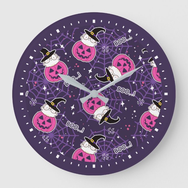 Cute Cats and Pumpkins Halloween Pattern Large Clock (Front)