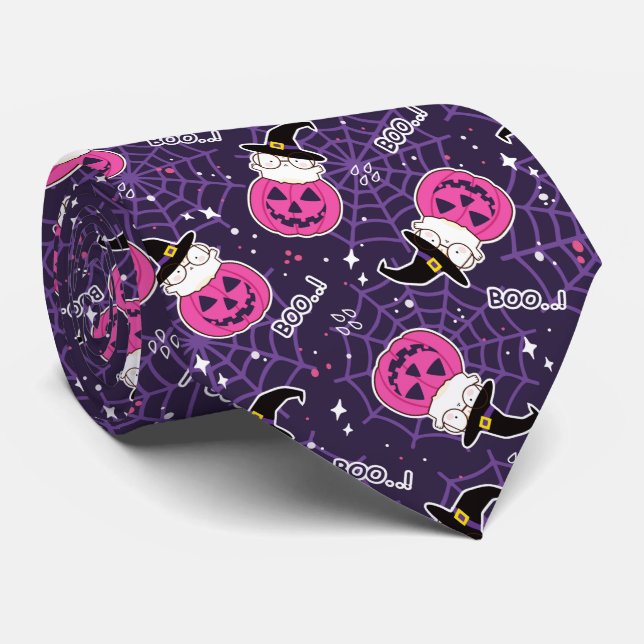 Cute Cats and Pumpkins Halloween Pattern Neck Tie (Rolled)