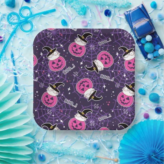 Cute Cats and Pumpkins Halloween Pattern Paper Plates (Party)
