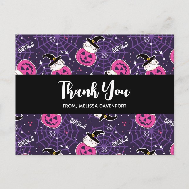 Cute Cats and Pumpkins Halloween Pattern Thank You Postcard (Front)