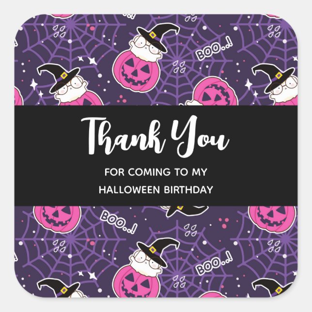Cute Cats and Pumpkins Halloween Pattern Thank You Square Sticker (Front)