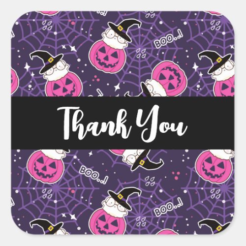 Cute Cats and Pumpkins Halloween Pattern Thank You Square Sticker