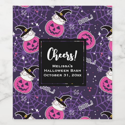Cute Cats and Pumpkins Halloween Pattern Wine Label