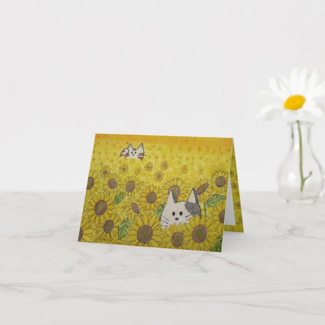 Cute Cats and Sunflowers Blank Card, Hide and Seek Card (Small Plant)