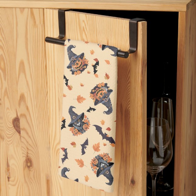 Cute Cats Bats & Pumpkins Halloween Kitchen Towel (Thirds Fold)