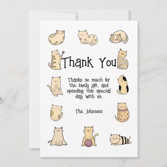 Cute Cats Birthday Party, Personalizable Thank You Card (Front)