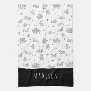 Cute Cats Black and White Doodle Pattern Kitchen Towel