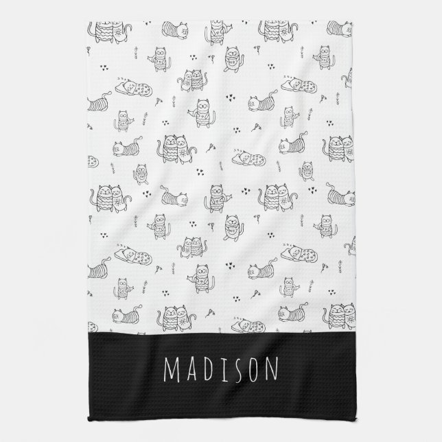 Cute Cats Black and White Doodle Pattern  Kitchen Towel (Vertical)