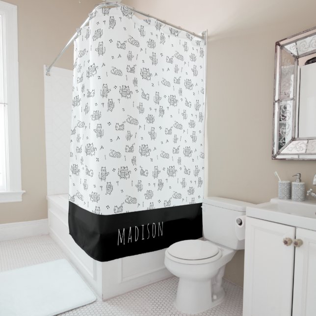 Cute Cats Black and White Doodle Pattern Shower Curtain (In Situ)