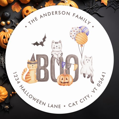 Cute Cats Boo Ghosts Halloween Return Address  Classic Round Sticker