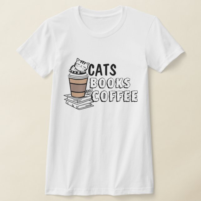 Cute Cats Books & Coffee Shirt, Funny Cat Lover T-Shirt (Laydown)