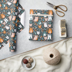 Cute Cats Botanical Floral Pattern Colorful Gift Wrapping Paper