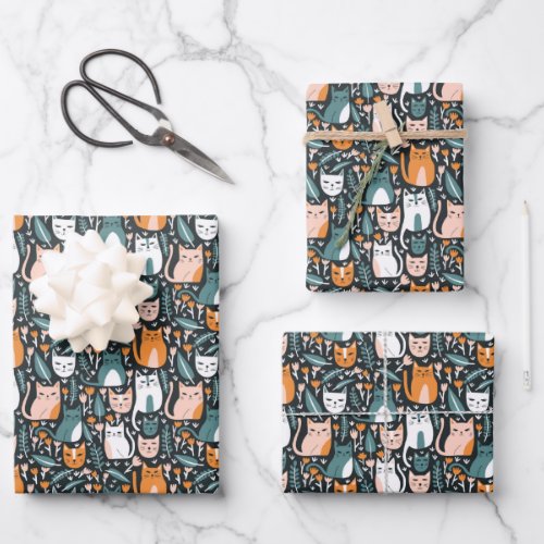 Cute Cats Botanical Floral Pattern Colorful Gift  Wrapping Paper Sheets