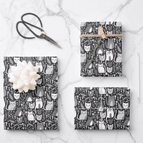 Cute Cats Botanical Floral Pattern Gray White Gift Wrapping Paper Sheets