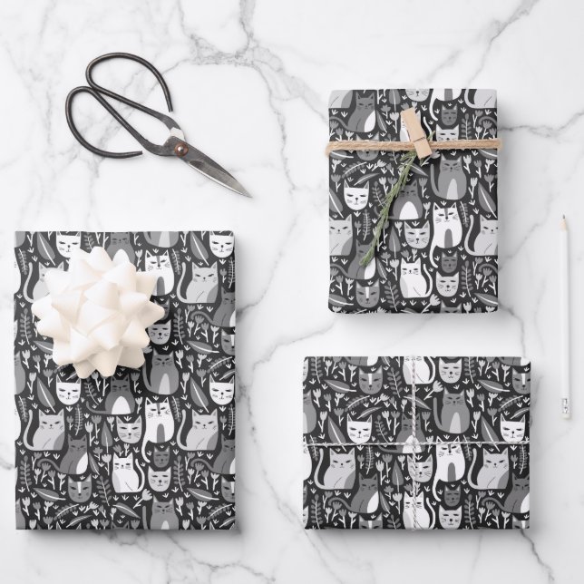 Cute Cats Botanical Floral Pattern Gray White Gift Wrapping Paper Sheets (Front)