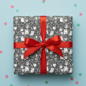Cute Cats Botanical Floral Pattern Gray White Gift Wrapping Paper Sheets