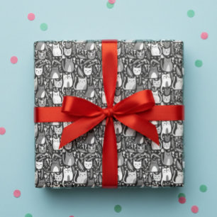 Cute Cats Botanical Floral Pattern Gray White Gift Wrapping Paper Sheets