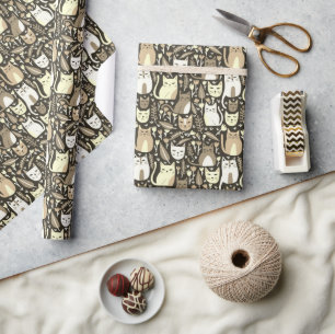Cute Cats Botanical Floral Pattern Neutrals Gift Wrapping Paper