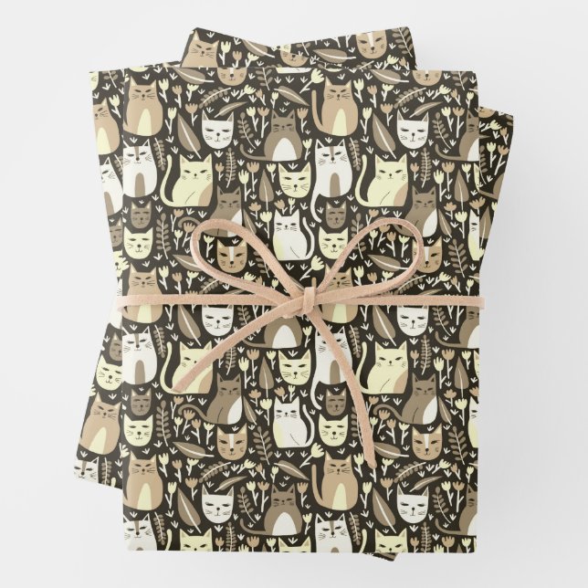 Cute Cats Botanical Floral Pattern Neutrals Gift Wrapping Paper Sheets (In situ)