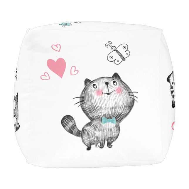 Cute Cats, Butterflies, Paw Prints Pouf (Top)
