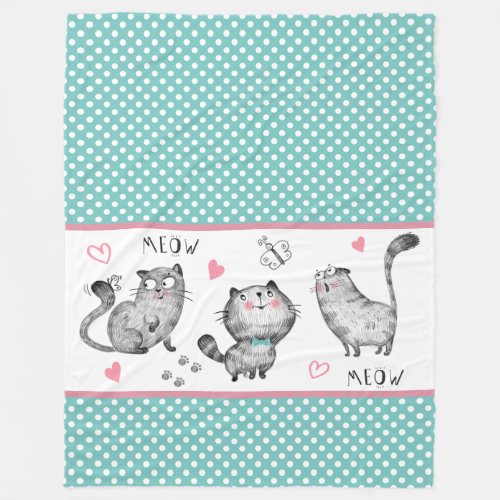 Cute Cats Butterflies Polka Dots Hearts Fleece Blanket