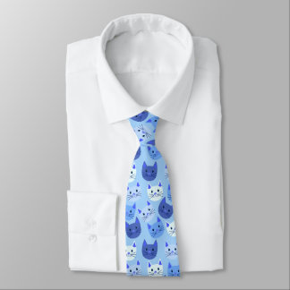 Cute Cats Cat Face Pattern Blue White Neck Tie