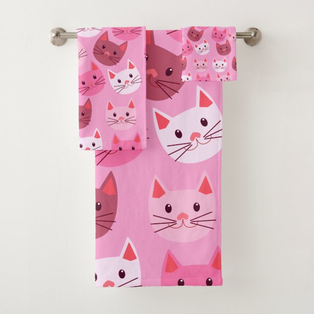 Cute Cats Cat Face Pattern Pink Bath Towel Set (Insitu)