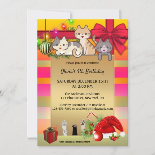 Cute Cats Christmas Kids Birthday Party Invitation