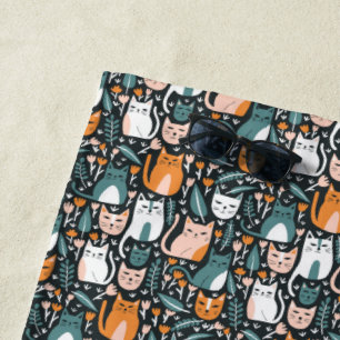 Cute Cats Colorful Botanical Floral Pattern Beach Towel