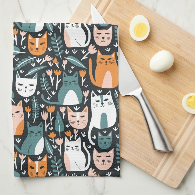 Cute Cats Colorful Pattern Botanical Floral Print Kitchen Towel (Quarter Fold)